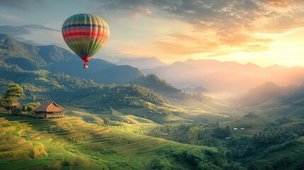 Amazing view of hot air balloon above beautiful green rice fields mountains background wallpaper AI generated image