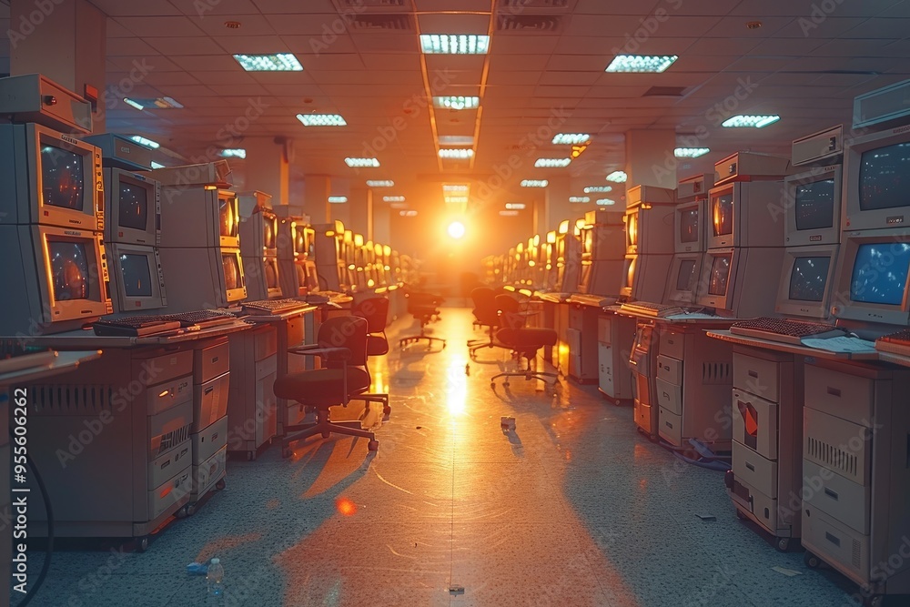 Poster vintage computer workstations illuminated by a setting sun in a room with a tiled ceiling