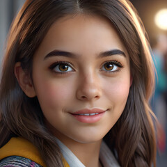 Fototapeta premium Close-up portrait of a beautiful girl with long brown hair.