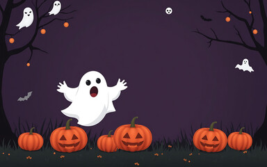 Spooky Halloween background with ghosts, pumpkins and bats. Perfect for banners, posters, and social media. 
