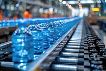 Obraz premium Water Bottles Moving Along a Conveyor Belt in a Factory