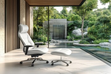 White Office Chair and Ottoman in Modern Interior with Pool View
