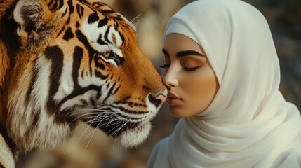 A Muslim woman in white hijab makes friends face to face with a tiger background wallpaper AI generated image