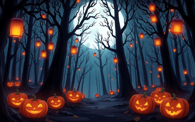 Eerie, atmospheric Halloween forest scene with glowing jack-o'-lanterns and lanterns under a full moon. Perfect for spooky backgrounds and designs. 
