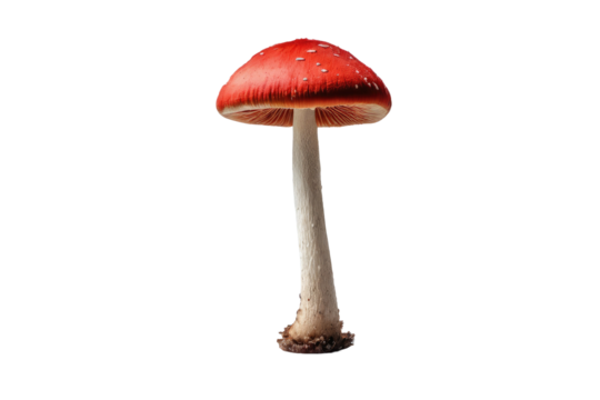 Single red mushroom, cap centered, stalk slightly off-center, isolated on a stark white background, minimalist composition, studio lighting, shadow beneath for depth