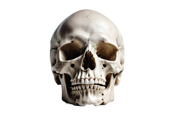 Skull, isolated against pure white backdrop, high-resolution stock photography, macro detailing of cranial texture, shadows accentuating hollow eye sockets