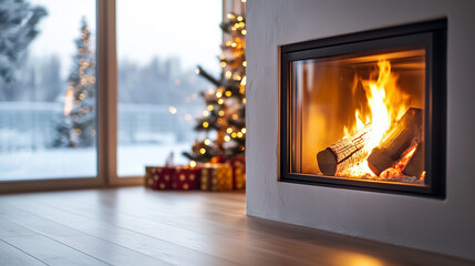 Warm fireplace with Christmas tree and gifts in modern living room. Cozy holiday interior with winter landscape outside.