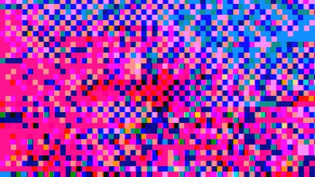 Abstract pixel retro 8bit neon pink rgb video game glitch noise texture, square tiles animated retro video game pixelated background, seamless looped vj pattern psychedelic 80s, 90s, 2000s texture