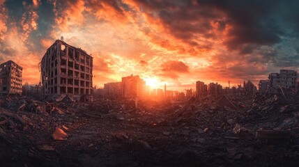 Fototapeta premium Views of cities and cars destroyed by war and disasters in the future background wallpaper AI generated image