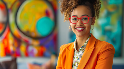 Smiling ethnic businesswoman, female company owner in a vibrant colorful and fashionable suit, standing confidently in her office. Confident, successful working woman running a business.