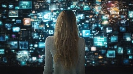 A woman is looking at a social media interface screen with various displays background wallpaper AI generated image