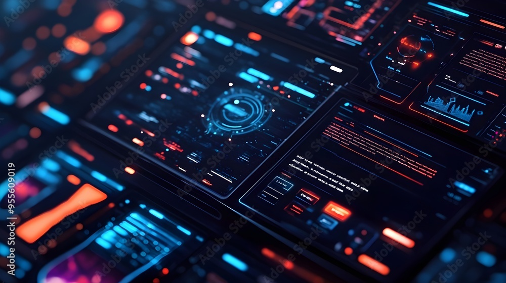 Poster futuristic and responsive web interface showcased across digital screens