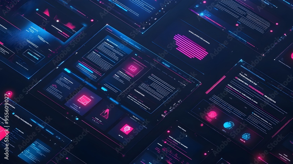 Poster futuristic and responsive web design showcased across multiple digital screens