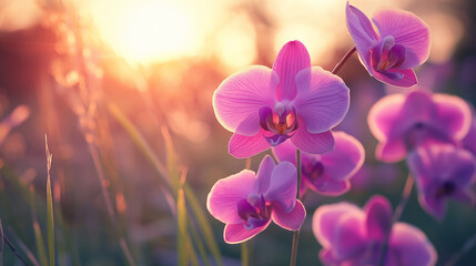 Orchid flower in the field at sunset , pink flower in the park 