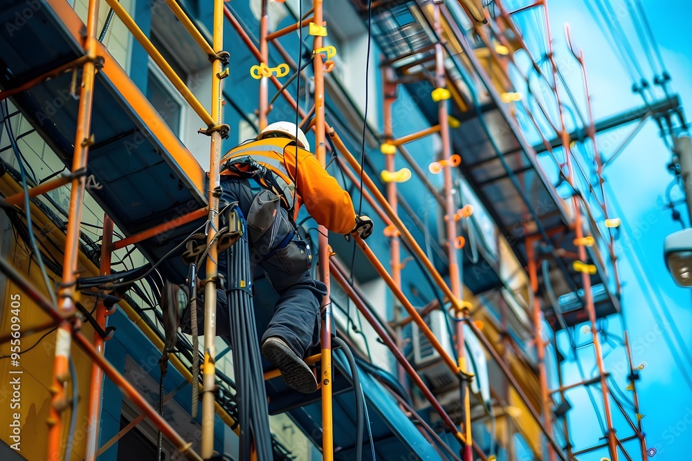 Poster construction worker scaling scaffolding on a building