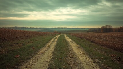 Rustic countryside, grainy film effect, blurred horizon