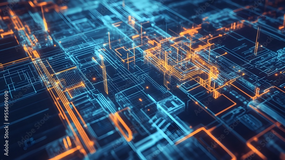 Aufkleber futuristic digital infrastructure blueprint with luminous wireframe pathways and abstract geometric