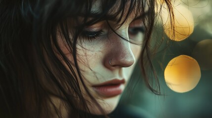 A woman with a nose ring and long hair is looking at the camera