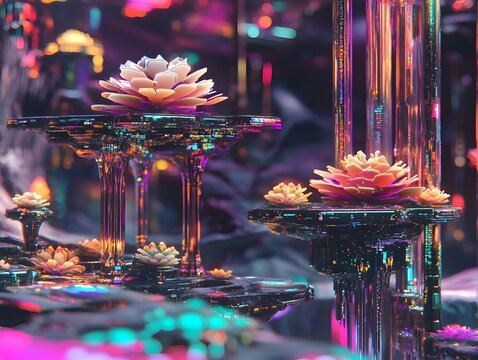 Surreal 3D Interpretation of a Digital Realm with Modular Structures and Luminous Data Tendrils