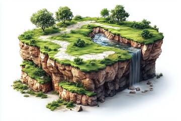Isometric small island with a waterfall,transparent png background