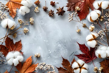 Autumn Floral Arrangement with Cotton and Leaves on a Textured Background