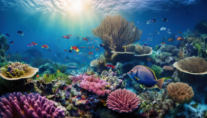 Fototapeta premium Underwater, the deep ocean's vibrant coral reef environment is surrounded by colorful fish