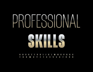 Vector business logo Professional Skills. Stylish Steel Font. Modern Silver  Alphabet Letters and Numbers set.