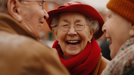A lively group of seniors enjoys each other's company, sharing joyful moments outdoors
