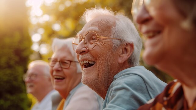 A group of elderly individuals shares laughter in a vibrant park, celebrating friendship and joy
