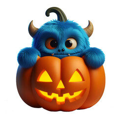 Naklejka premium Cute Monster: Peeking Out of a Jack-o'-lantern, isolated on transparent background.
