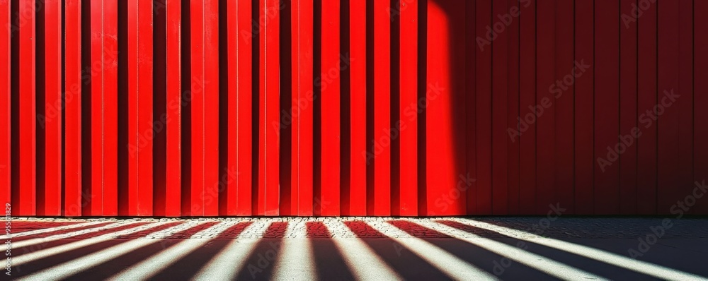 Poster red wall with horizontal lines and dramatic shadows in sunlight, creating geometric patterns and a b