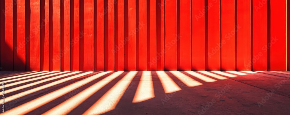 Poster bold red wall with striking horizontal shadows and light patterns creating a dramatic and modern abs