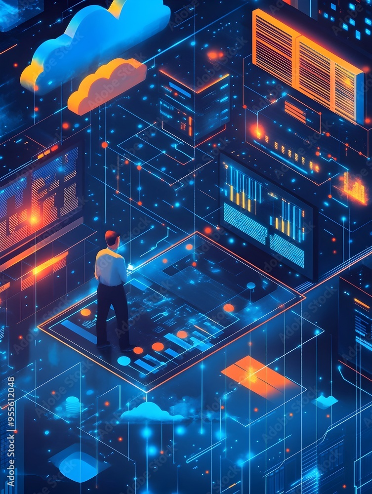 Poster skilled software engineer oversees seamless cloud deployment with elegant interface and advanced