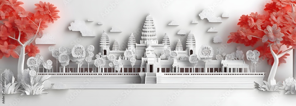 Poster 41. **create a 3d paper cut concept of angkor wat with its intricate temples, leaving space in the u
