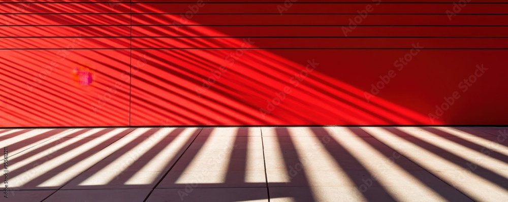 Poster dynamic red wall with horizontal lines and dramatic shadows casting textured patterns in sunlight, c
