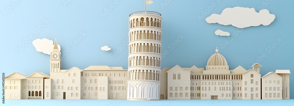 Poster 42. **design a 3d paper cut of the tower of pisa with its characteristic lean, with clear space arou