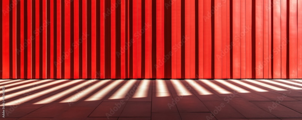 Poster vivid red wall with horizontal light and shadow patterns creates a striking contrast and dynamic vis