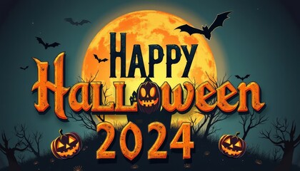 Happy Halloween 2024 with Full Moon and Pumpkins