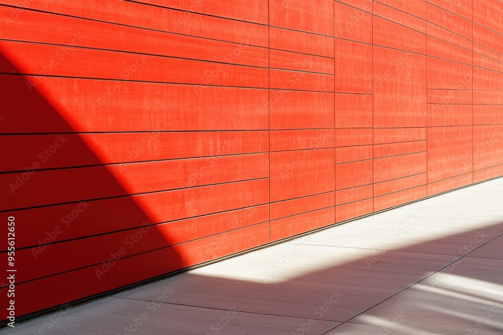 Poster modern minimalist red wall with geometric lines in bright sunlight creating a striking visual impact