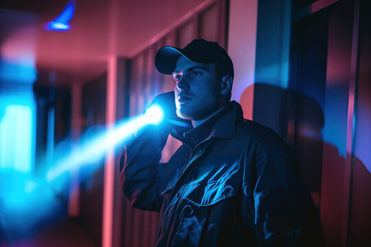 Security guard performing a nighttime patrol with a flashlight in a dimly lit corridor, ensuring vigilance and safety in a high-security area
