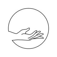 Vector female hand logo in minimal linear style. Emblem, symbol design template with hand gesture isolated on white background. For cosmetics, beauty, tattoo, spa, manicure, massage