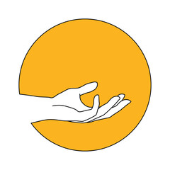 Vector female hand logo in minimal linear style. Emblem, symbol design template with hand gesture isolated on white background. For cosmetics, beauty, tattoo, spa, manicure, massage