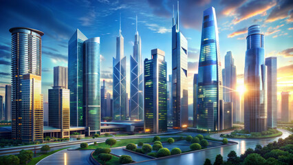 Modern financial business district with skyscrapers and sunlight