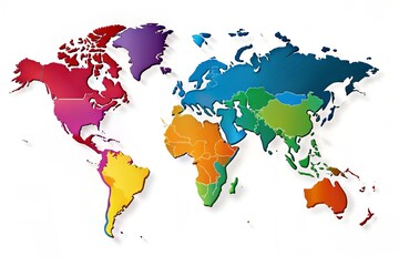 A brightly colored, simplified world map on a white background, showcasing continents and oceans in bold lines and