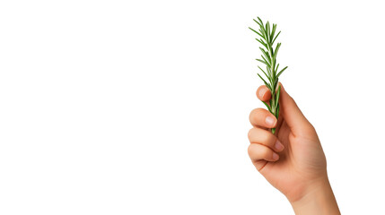 Hand holding sprig of rosemary isolated on transparent background