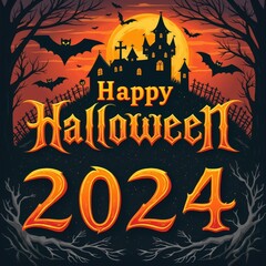 Happy Halloween 2024 Greeting Card with Haunted Mansion and Bats