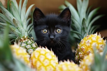 Pineapples with Black Cat. Adorable Kitten with Feline and Domestic Animal