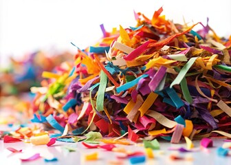 A close-up shot of a colorful mixture of shredded paper scraps and confetti, scattered across a white background,