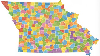 A colorful, detailed map of Missouri highlighting its 114 counties and their boundaries, with major cities and roads,