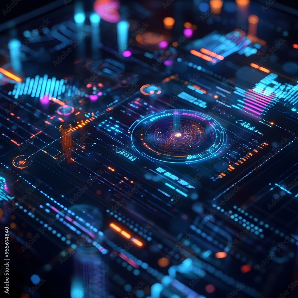 Poster shimmering holographic control station presenting sophisticated website metrics and data analysis